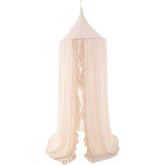 Elegant Kids Bed Canopy - Lace Chiffon Netting with Pom Pom, Princess Girls Tent - Picture 7 of 7